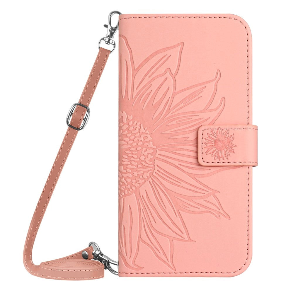 iPhone 15 Pro Wallet Case w. Strap - Sunflower Engraving - Pink