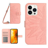 iPhone 15 Pro Wallet Case w. Strap - Sunflower Engraving - Pink