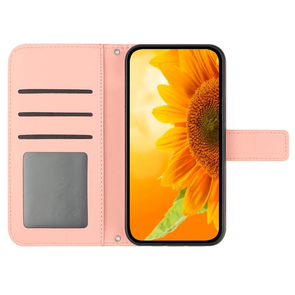 iPhone 15 Pro Wallet Case w. Strap - Sunflower Engraving - Pink