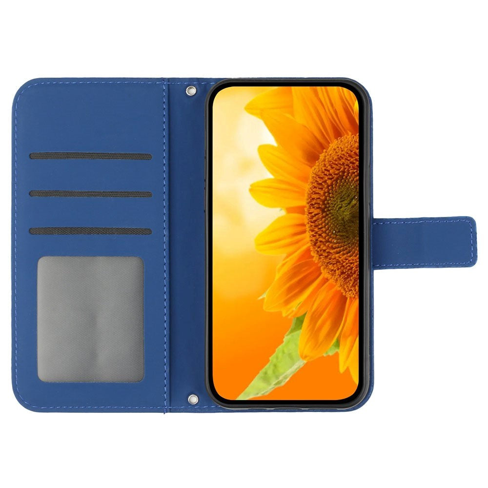 iPhone 15 Pro Wallet Case w. Strap - Sunflower Engraving - Royal Blue