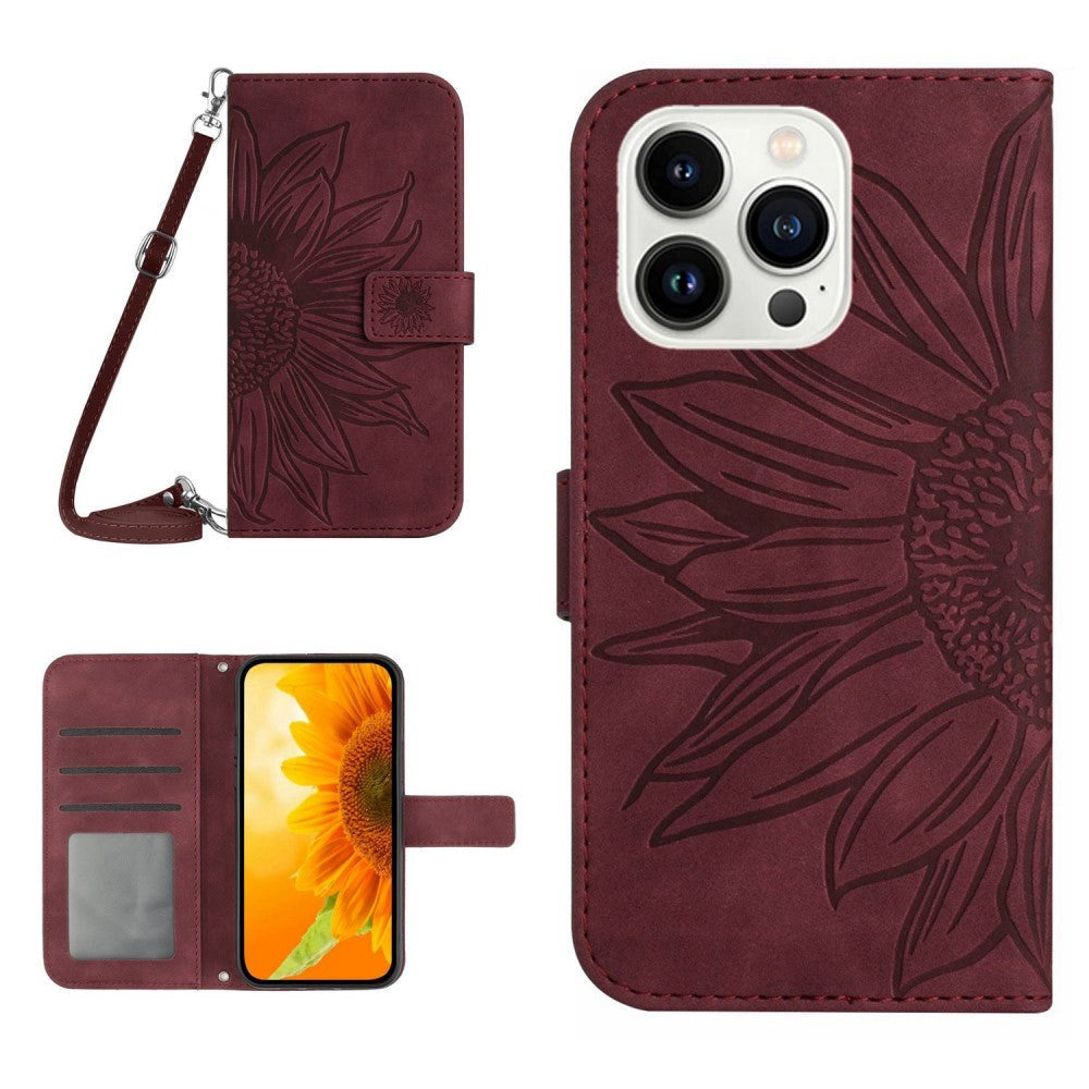 iPhone 15 Pro Wallet Case w. Strap - Sunflower Engraving - Wine Red