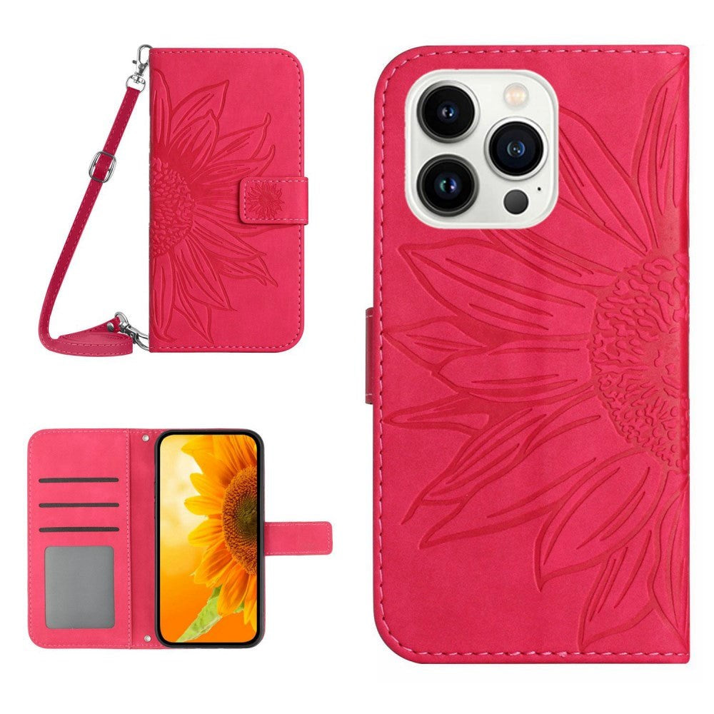 iPhone 15 Pro Wallet Case w. Strap - Sunflower Engraving - Pink