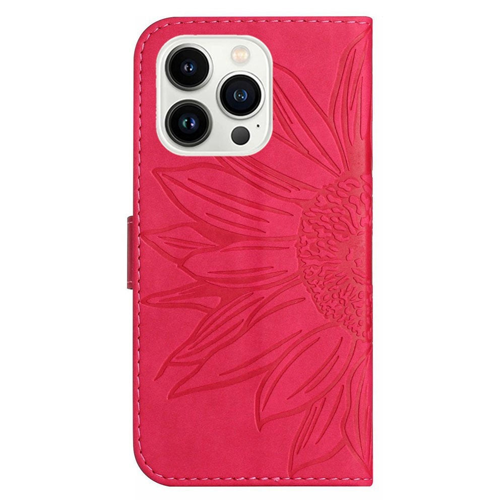 iPhone 15 Pro Wallet Case w. Strap - Sunflower Engraving - Pink