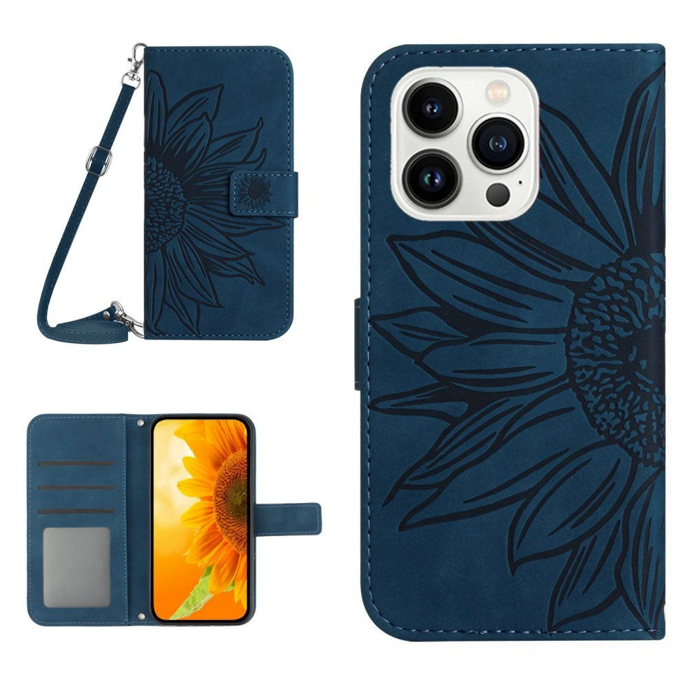 iPhone 15 Pro Wallet Case w. Strap - Sunflower Engraving - Blue