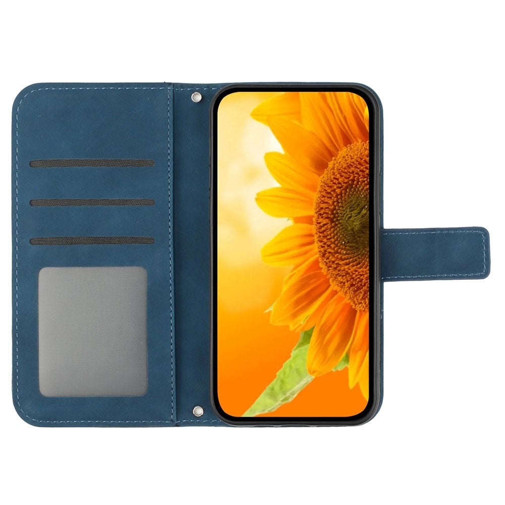 iPhone 15 Pro Wallet Case w. Strap - Sunflower Engraving - Blue