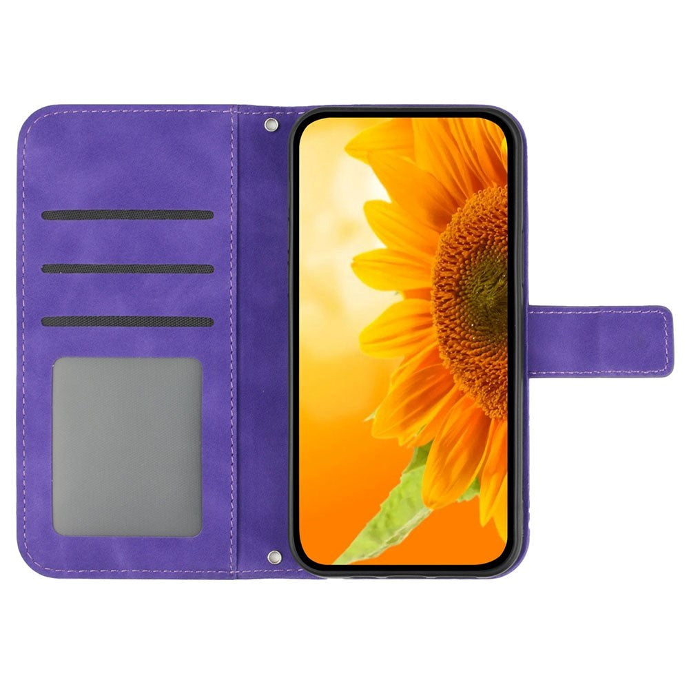 iPhone 15 Pro Wallet Case w. Strap - Sunflower Engraving - Dark Purple