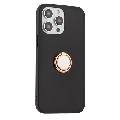 iPhone 15 Pro Flexible Plastic Case w. Magnetic Ring Kickstand - Black w. Rose Gold Ring