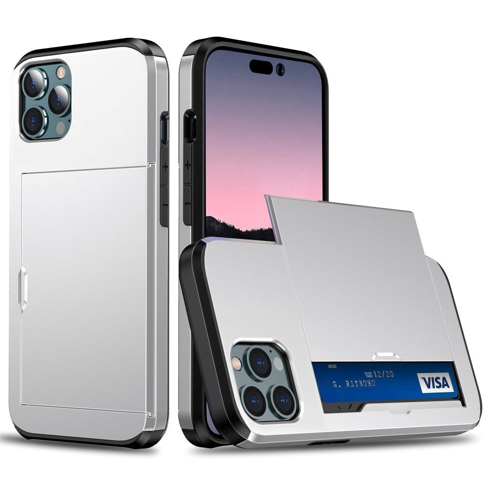 iPhone 15 Pro Hybrid Tough Case w. Card Holder - Silver