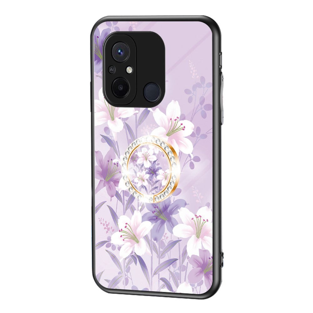 Xiaomi Redmi 12C Plastic Case w. Glass Back & Magnetic Kickstand / Finger Ring - Purple w. Flowers