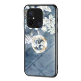 Xiaomi Redmi 12C Plastic Case w. Glass Back & Magnetic Kickstand / Finger Ring - Blue w. Flowers