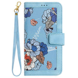 iPhone 15 Pro Leather Flip Case with Wallet and Strap - Light Blue with Flowers