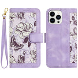 iPhone 15 Pro Leather Flip Case with Wallet and Strap - Purple with Flowers and Butterfly