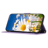 iPhone 15 Pro Leather Flip Case with Wallet and Strap - Purple with Flowers and Butterfly