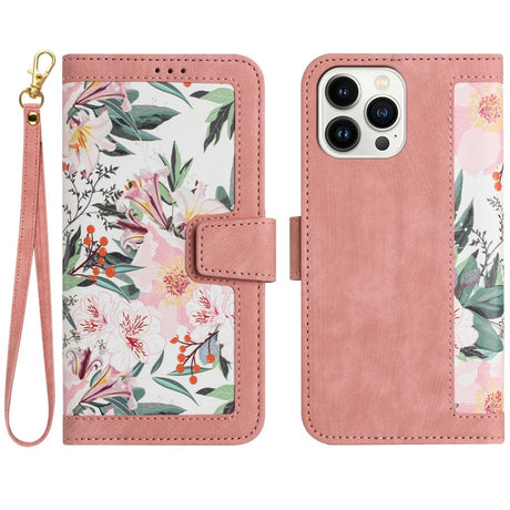 iPhone 15 Pro Leather Flip Case with Wallet and Strap - Pink with Flowers