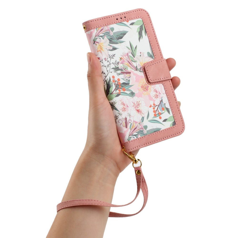 iPhone 15 Pro Leather Flip Case with Wallet and Strap - Pink with Flowers