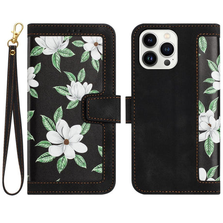 iPhone 15 Pro Leather Flip Case with Wallet and Strap - Black with Flowers