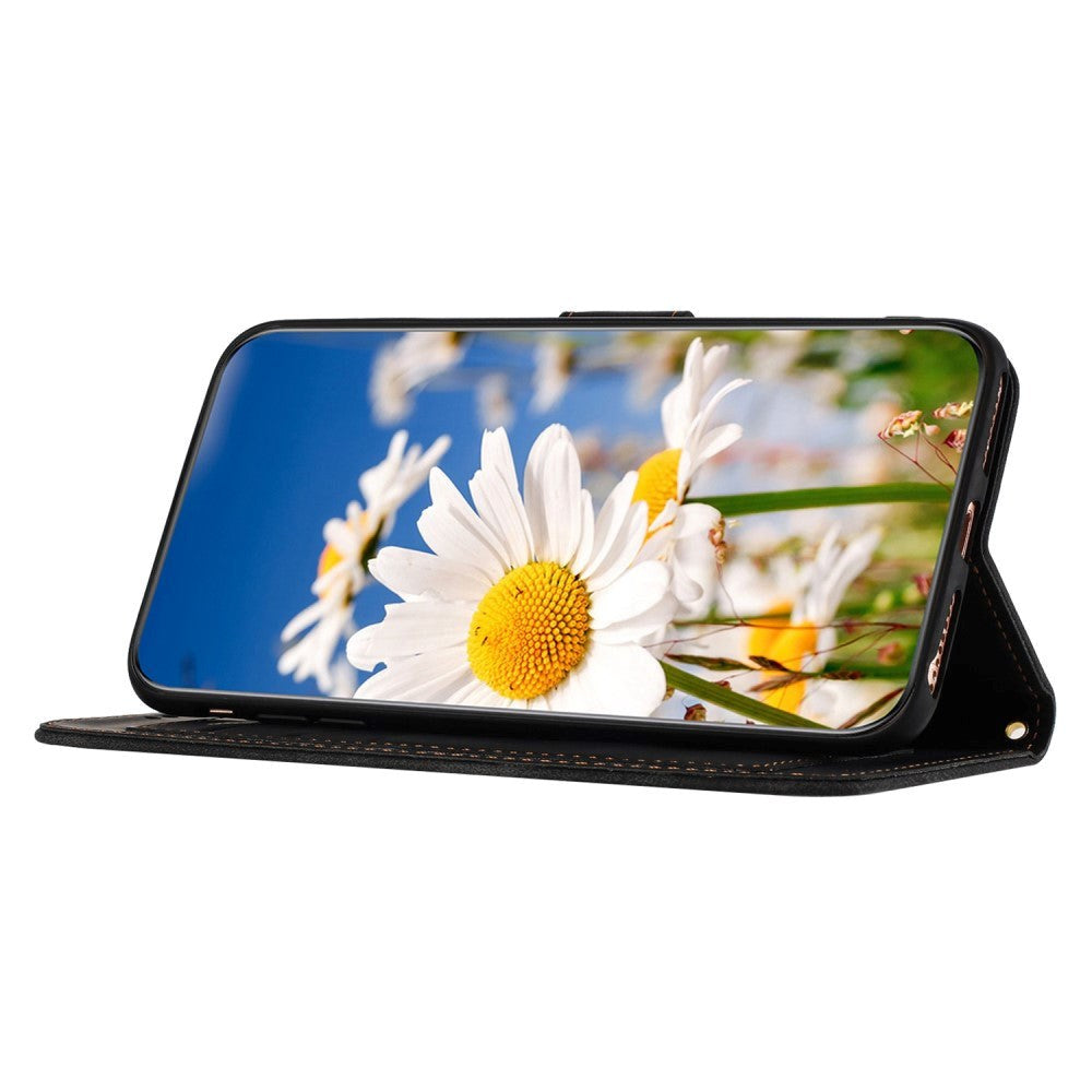 iPhone 15 Pro Leather Flip Case with Wallet and Strap - Black with Flowers