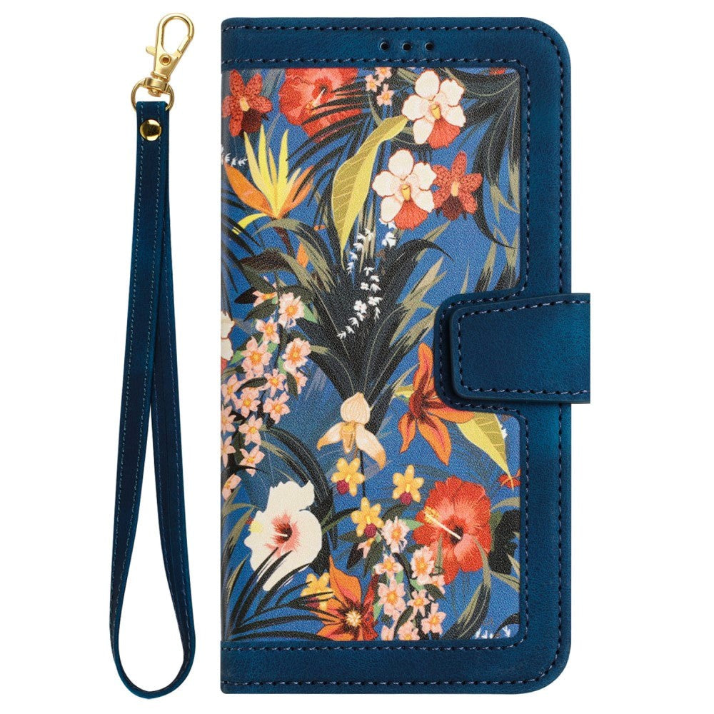 iPhone 15 Pro Leather Flip Case with Wallet and Strap - Dark Blue with Flowers