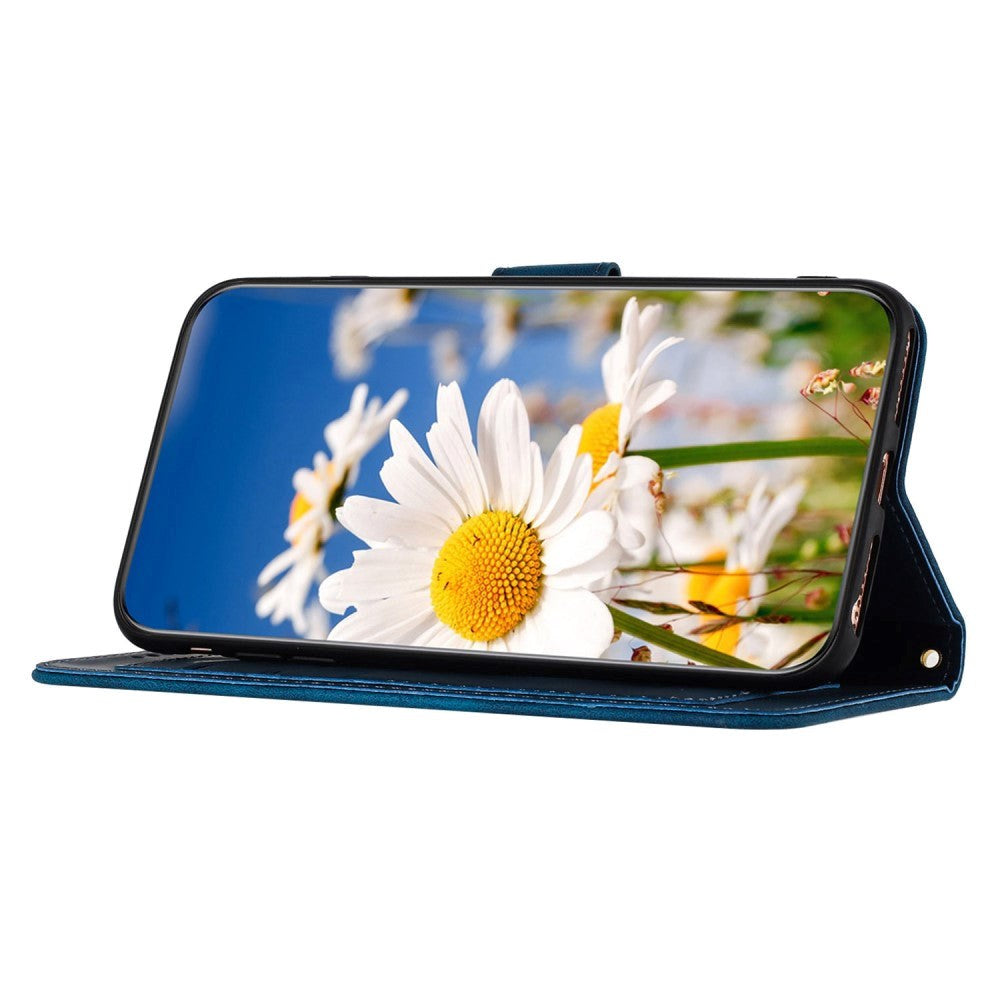 iPhone 15 Pro Leather Flip Case with Wallet and Strap - Dark Blue with Flowers