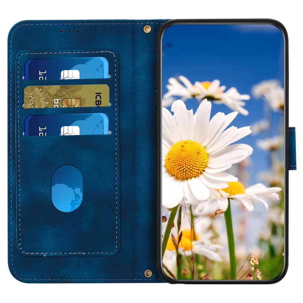 iPhone 15 Pro Leather Flip Case with Wallet and Strap - Dark Blue with Flowers