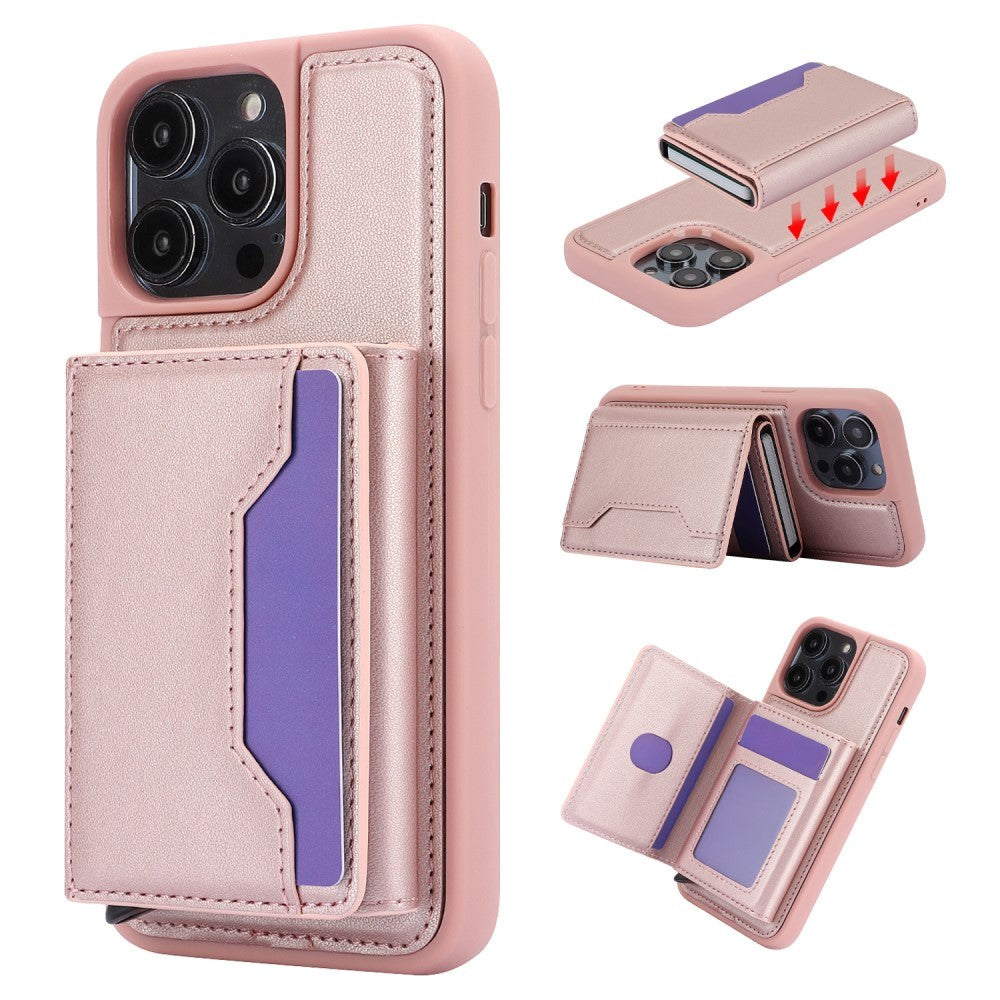 iPhone 15 Leather Covered Plastic Case w. Magnetic Detachable Wallet - Rose Gold