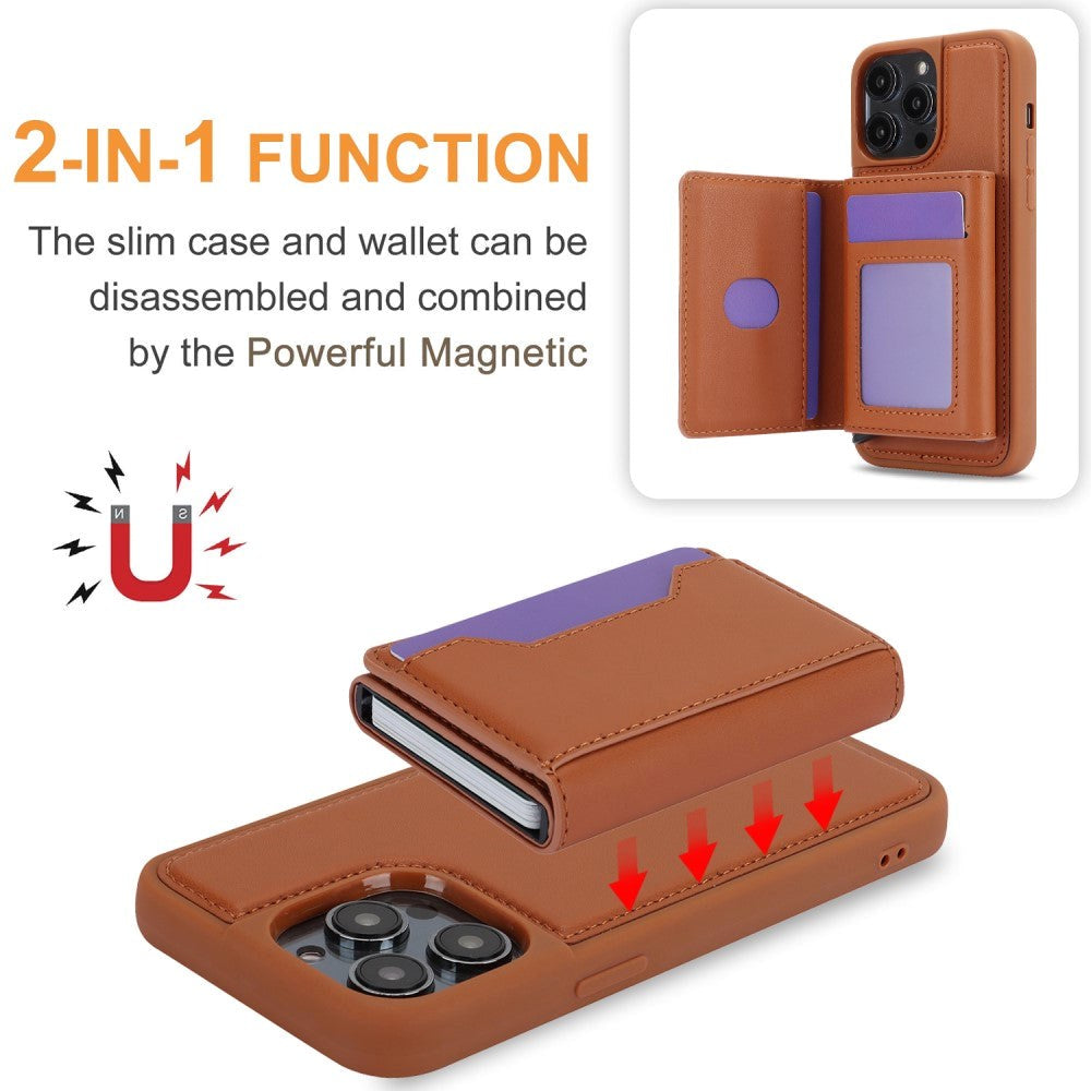 iPhone 15 Pro Leather Covered Plastic Case w. Magnetic Detachable Wallet - Brown