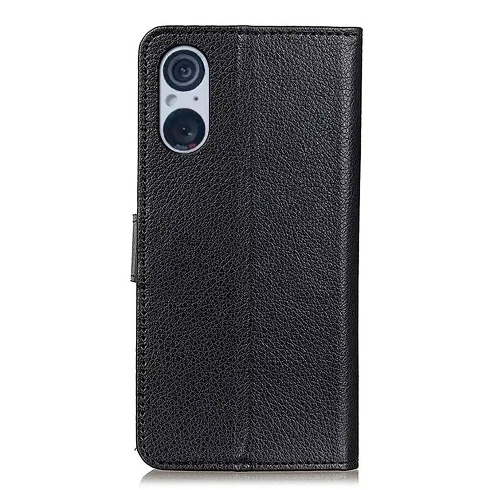 Sony Xperia 5 V Litchi Leather Flip Case w. Wallet - Black