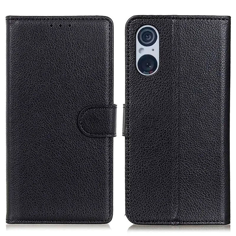 Sony Xperia 5 V Litchi Leather Flip Case w. Wallet - Black