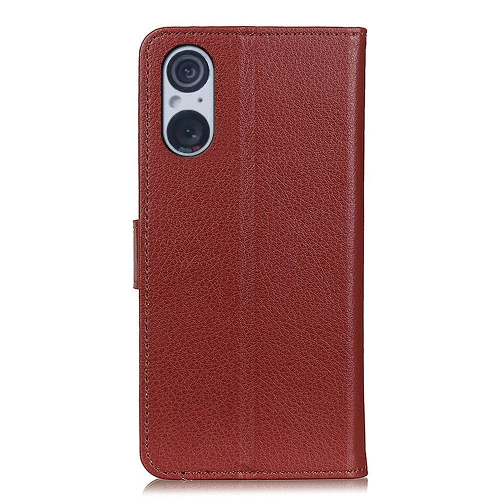 Sony Xperia 5 V Litchi Leather Flip Case w. Wallet - Brown