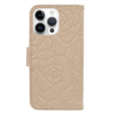 iPhone 15 Pro Artificial Leather Case w. Wallet og Strap - Camellia Flower - Gold