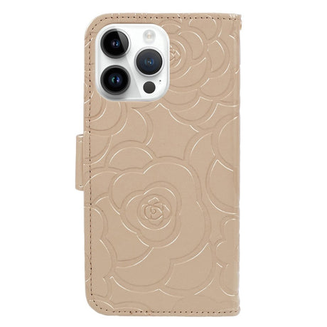 iPhone 15 Pro Artificial Leather Case w. Wallet og Strap - Camellia Flower - Gold