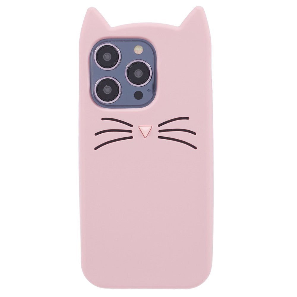 iPhone 14 Pro Silicone Case with 3D Cat - Pink