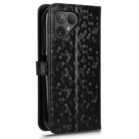 Fairphone 5 Leather Flip Case with Wallet and Strap - Hexagon Engraving - Black