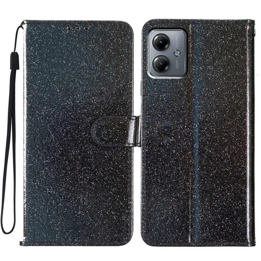 EIDERWOOD Motorola Moto G54 Leather Flip Case with Wallet and Strap - Glitter - Black