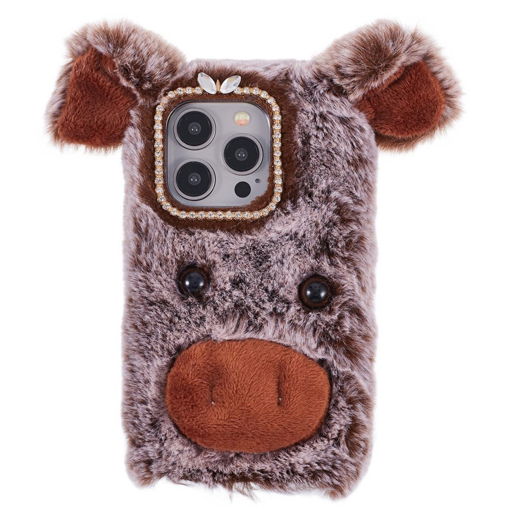 iPhone 15 Pro Flexible Plastic Back Cover w. Fur - Pig - Brown