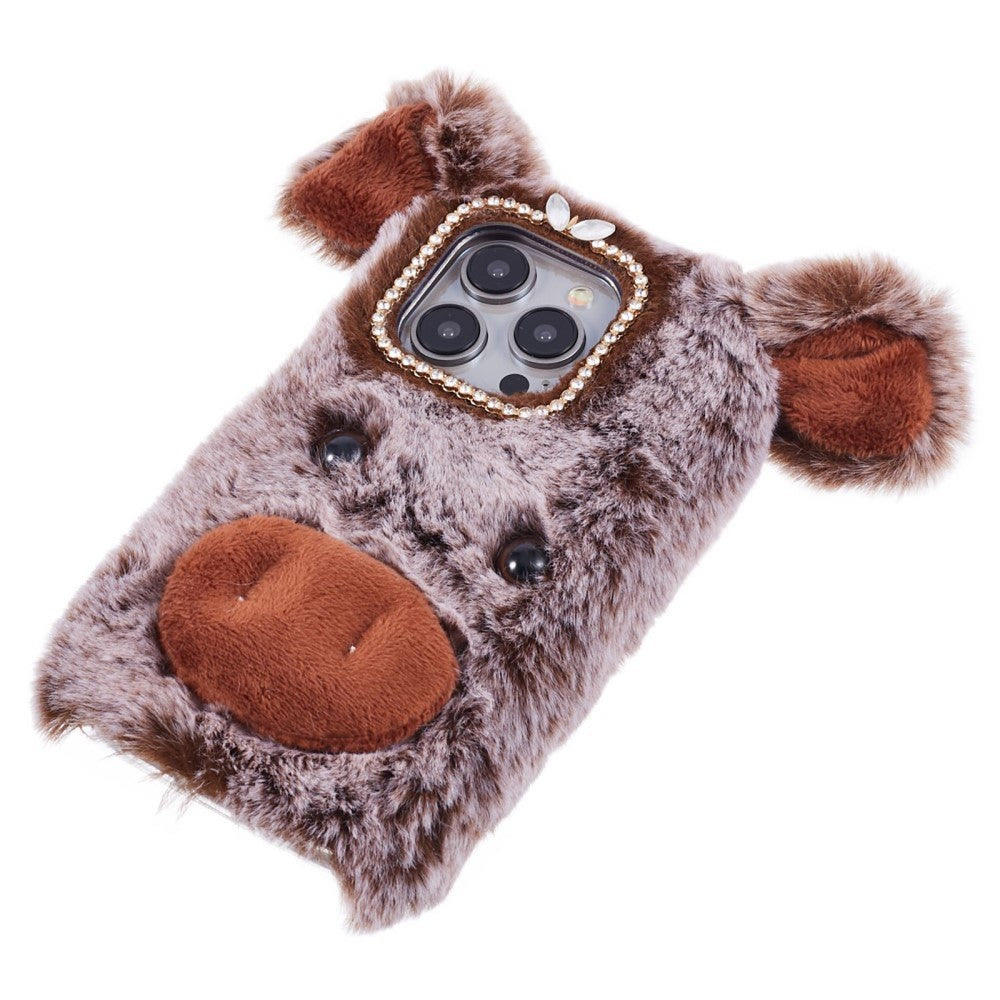 iPhone 15 Pro Flexible Plastic Back Cover w. Fur - Pig - Brown