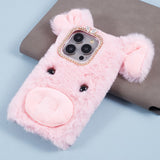 iPhone 15 Pro Flexible Plastic Back Cover w. Fur - Pig - Pink