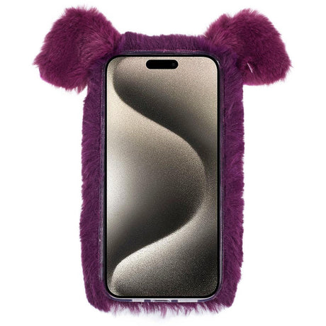 iPhone 15 Pro Flexible Plastic Back Cover w. Fur - Pig - Purple