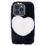 iPhone 15 Pro Flexible Plastic Back Cover w. Fur - Heart - Black