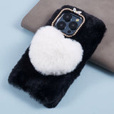 iPhone 15 Pro Flexible Plastic Back Cover w. Fur - Heart - Black