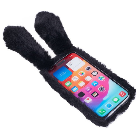 iPhone 15 Pro Flexible Plastic Back Cover w. Fur - Bunny Ears - Black