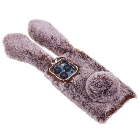 iPhone 15 Pro Flexible Plastic Back Cover w. Fur - Bunny Ears - Brown