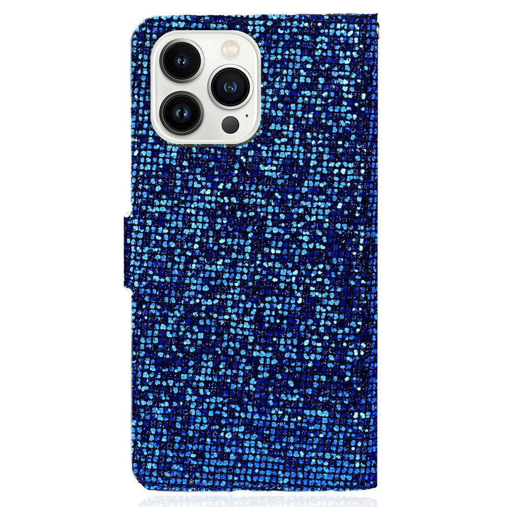 iPhone 15 Pro PU Leather Flip Case with Wallet & Strap - Glitter Design - Blue