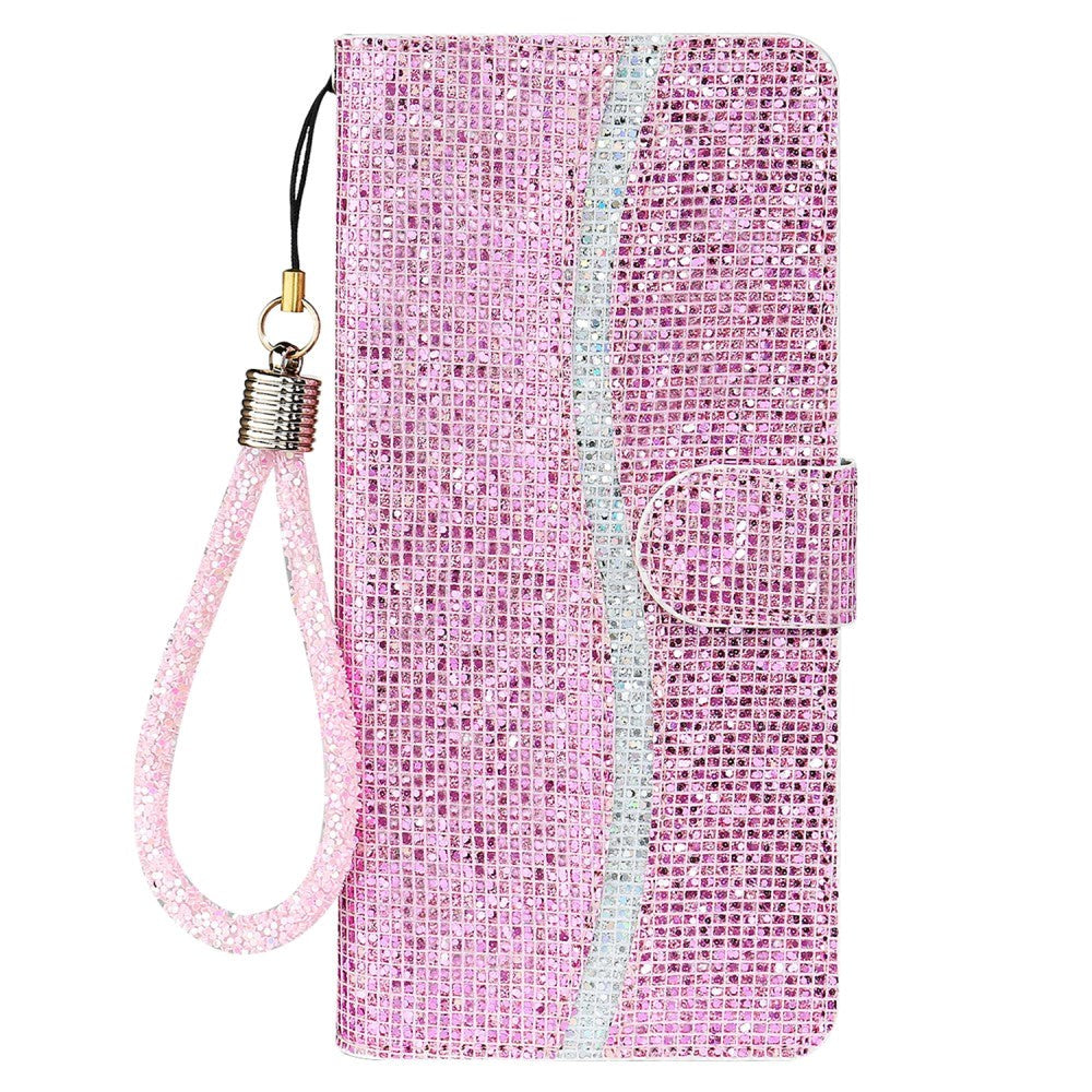 iPhone 15 Pro PU Leather Flip Case with Wallet & Strap - Glitter Design - Pink