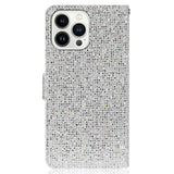 iPhone 15 Pro PU Leather Flip Case with Wallet & Strap - Glitter Design - Silver