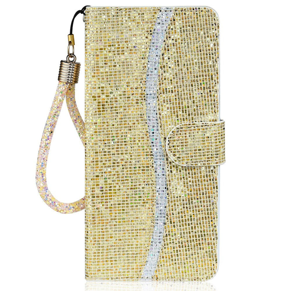 iPhone 15 Pro PU Leather Flip Case with Wallet & Strap - Glitter Design - Gold