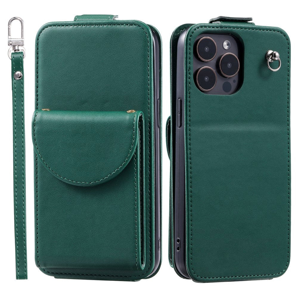 iPhone 15 Pro Vertical Faux Leather Flip Case with Wallet / Stand Function / Strap - Green