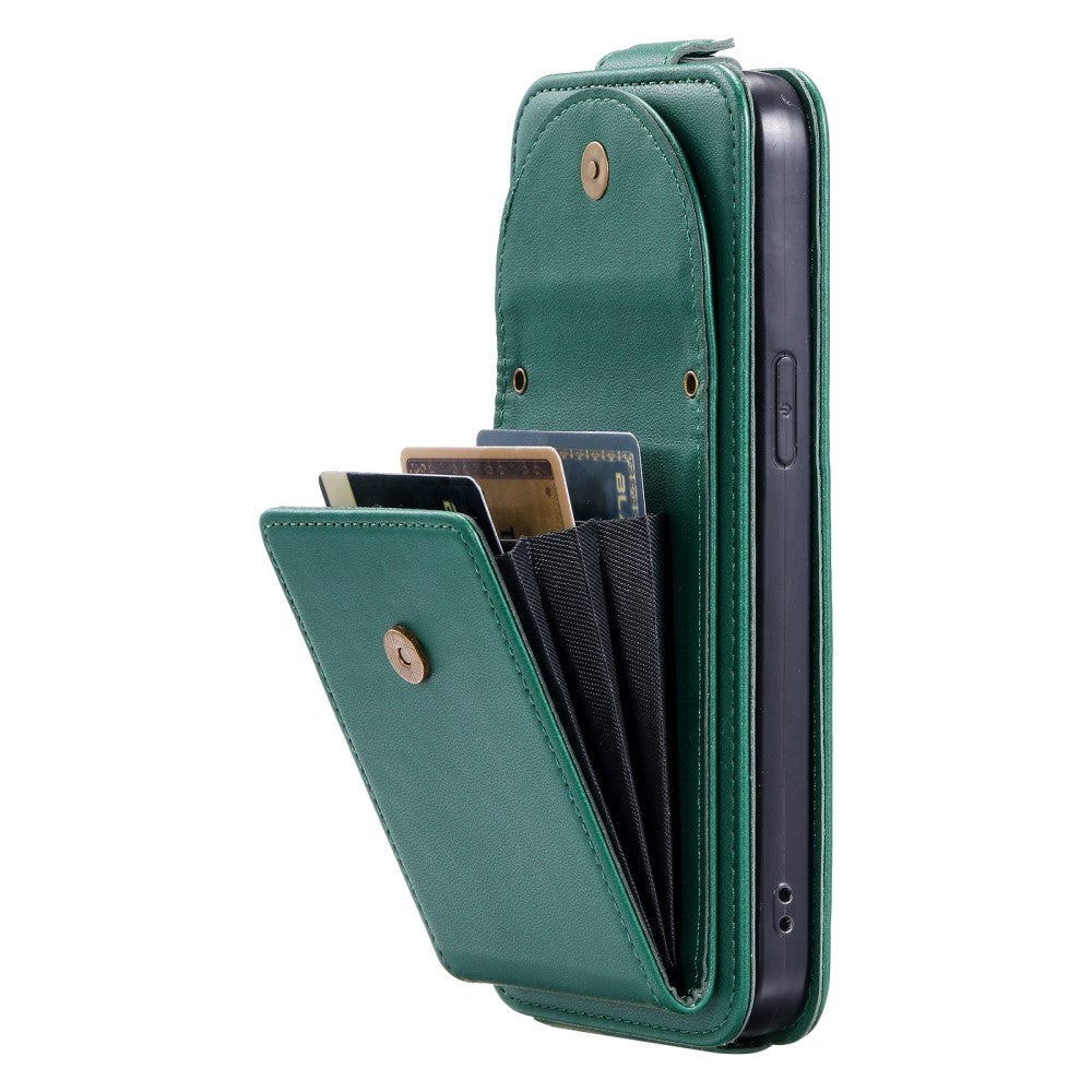 iPhone 15 Pro Vertical Faux Leather Flip Case with Wallet / Stand Function / Strap - Green