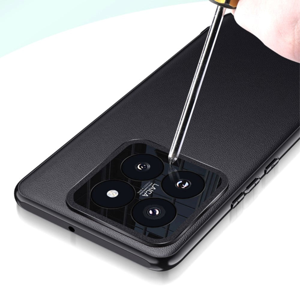 Xiaomi 14 Pro Leather Covered Plastic Back Case w. Built-in Camera Protector - Black