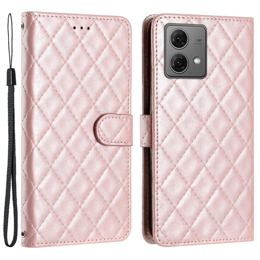 EIDERWOOD Motorola Moto G84 Leather Flip Case w. Wallet & Strap - Rhombus - Rose Gold